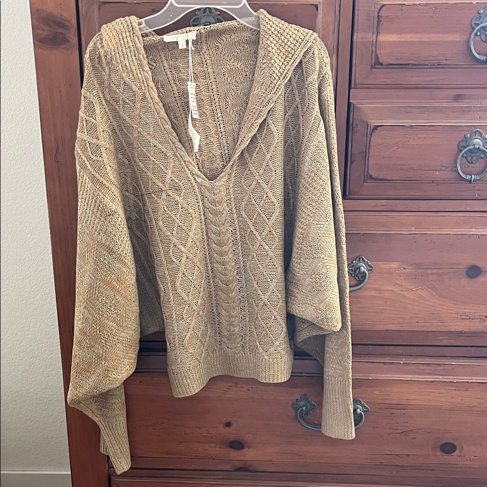 Mystree Tan V-Neck Cable Knit Sweater